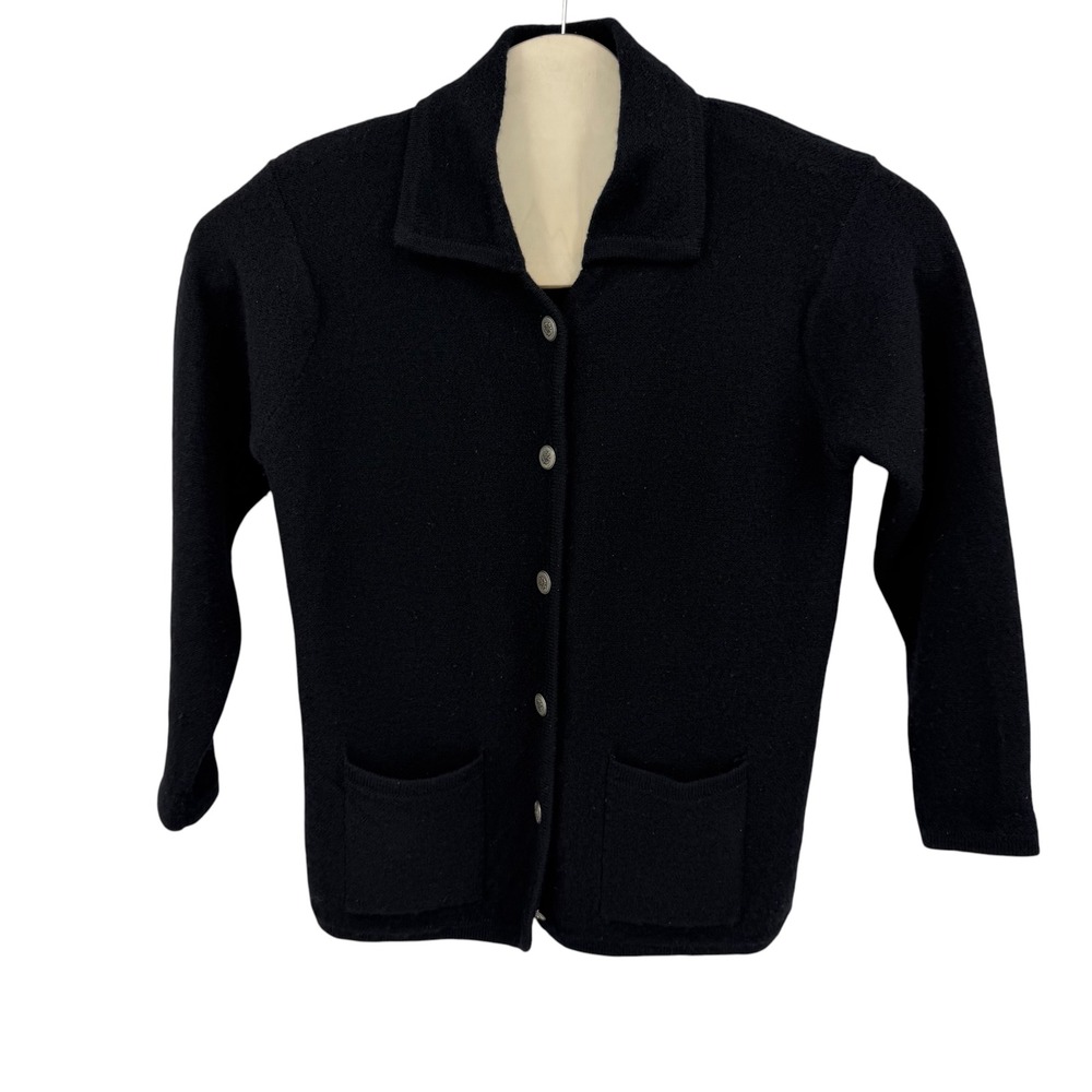 Karen Scott Cardigan Women PL Black 100% Wool Button Front Crest Pockets Warm JC